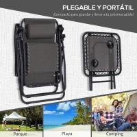 Outsunny Set de 2 Sillas de Gravedad Cero Plegables 90x65x110 cm y Mesa Auxiliar 50x50x50 cm con 2 Portavasos Sillas Reclinables con Reposacabezas para Jardín Terraza Gris(m-6)