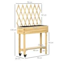Outsunny Huerto Urbano Elevado de Madera con Celosía para Enredaderas y Ruedas para Plantas Flores 79x29x130 cm Natural(m-3)
