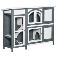PawHut Conejera de Madera Exterior de 2 Niveles Jaula Grande para 2-4 Conejos con Techo Asfáltico Puertas con Cerradura Bandejas Extraíbles y Rampa 145x48x108 cm Gris y Blanco(m-1)