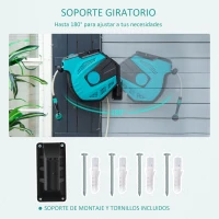 Outsunny Carrete de Manguera de Jardín 20M+1,95M Manguera de Riego Montado en Pared Enrollador Automático con 7 Modos de Pulverización 180° Giratorio 52x43x24 cm Negro y Verde(m-6)