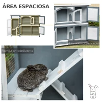 PawHut Conejera de Madera Exterior de 2 Niveles Jaula Grande para 2-4 Conejos con Techo Asfáltico Puertas con Cerradura Bandejas Extraíbles y Rampa 145x48x108 cm Gris y Blanco(m-4)