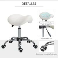 HOMCOM Taburete con Ruedas Taburete Giratoria con Altura Ajustable Taburete Cosmetica Dentista Peluqueria 52x53x49-61 cm Blanco(m-6)