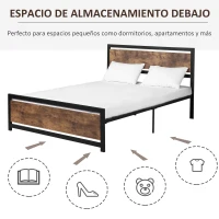 HOMCOM Marco de Cama Doble de Metal para Colchón 150x200 cm con Cabecera de Madera Estructura de Cama con Espacio Bajo de Almacenamiento 160x208x103 cm Negro y Marrón Rústico(m-4)
