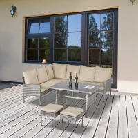 Outsunny Conjunto de Muebles de Ratán 6 Piezas de Jardín Juego de Sofás de 2 Plazas Taburete y Mesa de Comedor con Cojines Acolchados Patio Terraza Balcón Gris y Caqui(m-2)