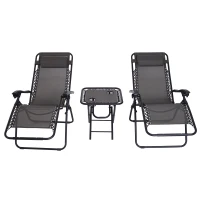 Outsunny Set de 2 Sillas de Gravedad Cero Plegables 90x65x110 cm y Mesa Auxiliar 50x50x50 cm con 2 Portavasos Sillas Reclinables con Reposacabezas para Jardín Terraza Gris(m-1)