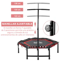 HOMCOM Trampolín de Fitness Ø122 cm Cama Elástica con Mango Ajustable de 3 Niveles 122-138 cm Funda Protectora y Marco de Acero para Interiores y Exteriores Negro y Rojo(m-4)