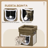 PawHut Cama Cueva para Gatos Caseta para Gatos con Rascador Cojín Suave Bola Colgante y Marco de Madera 39x39x42 cm Marrón(m-6)