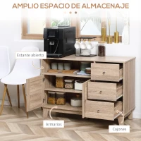 HOMCOM Aparador de Cocina con 2 Puertas de Rejilla 3 Cajones y Estante Abierto Mueble Estilo Cannage 110x40x76 cm Roble(m-4)