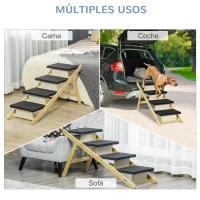 PawHut Escalera de Madera para Perros Plegable 2 en 1 Rampa para Mascotas con 4 Escalones Antideslizantes para Acceso al Sofá y Cama Alta 122x44x62 cm Negro y Natural(m-8)