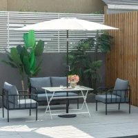 Outsunny Mesa de Jardín de Metal Plegable Mesa de Camping Rectangular de Vidrio Templado con Agujero para Sombrilla para Picnic Terraza Balcón 110x70x70 cm Blanco(m-2)