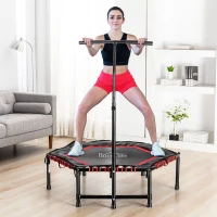 HOMCOM Trampolín de Fitness Ø122 cm Cama Elástica con Mango Ajustable de 3 Niveles 122-138 cm Funda Protectora y Marco de Acero para Interiores y Exteriores Negro y Rojo(m-2)