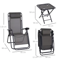 Outsunny Set de 2 Sillas de Gravedad Cero Plegables 90x65x110 cm y Mesa Auxiliar 50x50x50 cm con 2 Portavasos Sillas Reclinables con Reposacabezas para Jardín Terraza Gris(m-3)