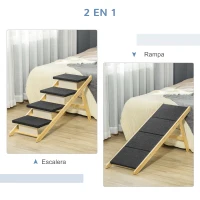 PawHut Escalera de Madera para Perros Plegable 2 en 1 Rampa para Mascotas con 4 Escalones Antideslizantes para Acceso al Sofá y Cama Alta 122x44x62 cm Negro y Natural(m-5)