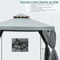Outsunny Cenador de Jardín 3x3 m Pabellón para Exterior con Doble Techo de Ventilación y 4 Cortinas Laterales Extraíbles de Cremallera Gazebo para Terraza Patio Exterior Gris(m-4)