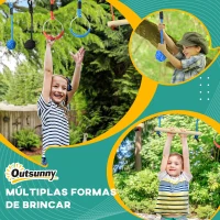 Outsunny Circuito de Obstáculos Ninja para Crianças com Corda de 10 m Barras de Madeira Anéis de Ginástica Protetor de Árvore Multicor(m-5)