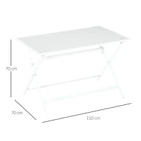 Outsunny Mesa de Jardín de Metal Plegable Mesa de Camping Rectangular de Vidrio Templado con Agujero para Sombrilla para Picnic Terraza Balcón 110x70x70 cm Blanco(m-3)