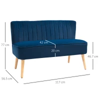 HOMCOM Modern Velvet Double Seat Sofa w/ Wood Frame Foam Padding High Back Soft Comfortable Compact Couch Blue(m-3)