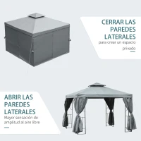 Outsunny Cenador de Jardín 3x3 m Pabellón para Exterior con Doble Techo de Ventilación y 4 Cortinas Laterales Extraíbles de Cremallera Gazebo para Terraza Patio Exterior Gris(m-6)
