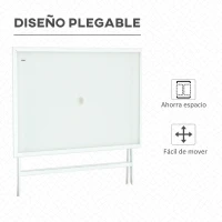 Outsunny Mesa de Jardín de Metal Plegable Mesa de Camping Rectangular de Vidrio Templado con Agujero para Sombrilla para Picnic Terraza Balcón 110x70x70 cm Blanco(m-5)
