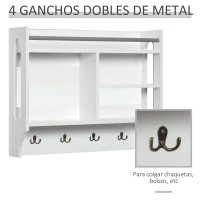 HOMCOM Estantería de Pared Organizador de Entrada con 4 Ganchos 3 Compartimentos 1 Estante y Barra Metálica Moderno para Ropa Llaves Libros 73x20x60 cm Blanco(m-5)