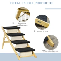 PawHut Escalera de Madera para Perros Plegable 2 en 1 Rampa para Mascotas con 4 Escalones Antideslizantes para Acceso al Sofá y Cama Alta 122x44x62 cm Negro y Natural(m-7)