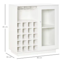HOMCOM Aparador de Cocina con Botellero para 20 Botellas Armario Auxiliar con 1 Puerta de Cristal Estantes 80x36x85 cm Blanco(m-3)