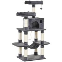 PawHut Drapak dla kota, domek dla kota, z hamakiem i sizalowymi słupkami, pluszowa piłka, plusz, ciemnoszary(m-1)