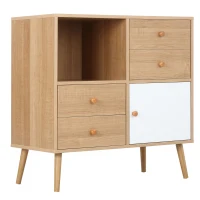 HOMCOM Beistellschrank Sideboard Küchenschrank Kommode mit 1 offenen Fächern 4 Schubladen für Wohnzimmer Skandi-Design Natur+Weiß 80 x 39 x 80 cm(m-1)