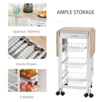 HOMCOM Drop-Leaf Kitchen Cart Trolley w/ 3 Baskets Drawer Surface Top 6 Universal Wheels Rolling Storage Unit Kitchen Home Dining Island White Oak Tone(m-6)