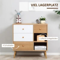 HOMCOM Sideboard Küchenschrank Kommode mit 2 offenen Fächern 4 Schubladen für Wohnzimmer Skandi-Design Natur+Weiß 80 x 39 x 80 cm(m-4)