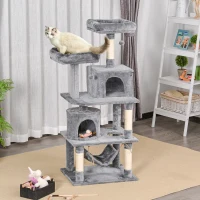 PawHut Katzen Kratzbaum groß 145 cm, Katzenbaum mit Hängematte, Kletterbaum für Katzen, Katzenkratzbaum Höhle Katzenmöbel mit Sisalstämmen, Hellgrau(m-2)