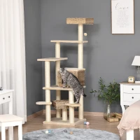 krabpaal met kattengrot rotan kattenboom met meerdere verdiepingen voor katten beige + bruin(m-10)