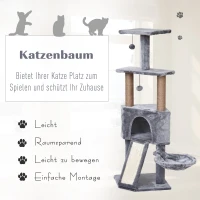 PawHut Kratzbaum mit Haus, 2 Plattformen, 5 Kratzstämme, Leiter, Liege, Plüschbezug, Grau 40 x 40 x 124cm(m-4)