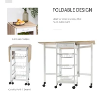 HOMCOM Drop-Leaf Kitchen Cart Trolley w/ 3 Baskets Drawer Surface Top 6 Universal Wheels Rolling Storage Unit Kitchen Home Dining Island White Oak Tone(m-4)