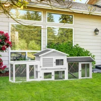 PawHut konijnenhok hok voor kleine huisdieren 1 ren aan weerszijden van het hoofdverblijf met kooi met asfaltdak konijnenren loopplank afsluitbare deuren vurenhout metaal grijs + wit + zwart 227 x 53 x 85 cm(m-2)