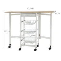 HOMCOM Drop-Leaf Kitchen Cart Trolley w/ 3 Baskets Drawer Surface Top 6 Universal Wheels Rolling Storage Unit Kitchen Home Dining Island White Oak Tone(m-3)