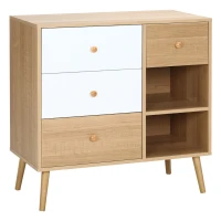 HOMCOM Sideboard Küchenschrank Kommode mit 2 offenen Fächern 4 Schubladen für Wohnzimmer Skandi-Design Natur+Weiß 80 x 39 x 80 cm(m-1)