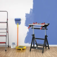 HOMCOM  Werktisch Spanntisch Werkbank mit den Kurbelarmen 100 kg Belastbarkeit Arbeitstisch Arbeitsplatte höhenverstellbarer Tisch Metall Aluminium Silber+Schwarz+Rot 60 x 59 x 77-107 cm(m-2)