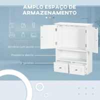 kleankin Armário de Parede para Casa de Banho com 2 Portas Prateleira Aberta e 2 Gavetas Estilo Moderno 50,8x17,8x66 cm Branco(m-4)