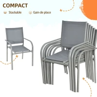 Outsunny Ensemble de jardin 6 chaises + 1 table en acier salon de jardin 7 pièces chaises empilables plateau en verre trempé(m-5)