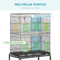 PawHut Gaiola para Pássaros com Rodas com 4 Comedouros 3 Poleiros Brinquedos Bandeja Amovível e Prateleira 79x49x133 cm Preto(m-4)