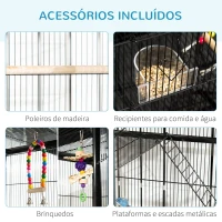 PawHut Gaiola para Pássaros com Rodas de 3 Níveis com 3 Poleiros Comedouros Brinquedos Rampas e Prateleira 83x53x180 cm Preto(m-5)