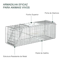 Outsunny Armadilha para Animais Vivos Dobrável 93x31x34,5 cm Gaiola de Captura com Porta e Alça para Coelhos Roedores Prata(m-6)