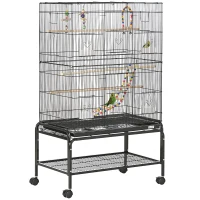 PawHut Gaiola para Pássaros com Rodas com 4 Comedouros 3 Poleiros Brinquedos Bandeja Amovível e Prateleira 79x49x133 cm Preto(m-10)