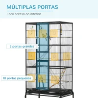 PawHut Gaiola para Pássaros com Rodas de 3 Níveis com 3 Poleiros Comedouros Brinquedos Rampas e Prateleira 83x53x180 cm Preto(m-4)