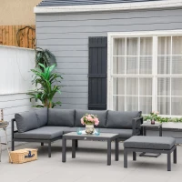 Outsunny 5-Piece L-shaped Garden Furniture Set, Aluminium Conversation Set, Corner Sofa Set with Coffee Table End Table Cushions, Grey Frame(m-2)