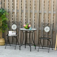 Outsunny 3 Pcs Mosaic Tile Garden Bistro Set Outdoor Seating w/ Table 2 Folding Chairs Set Metal Frame Elegant Scrolling Indoor Patio Balcony(m-12)
