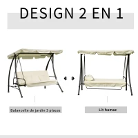 Outsunny Balancelle de Jardin Convertible 3 Places Grand Confort Inclinaison Toit réglable Matelas et Coussins fournis 2L x 1,25l x 1,7H m métal Polyester Noir et crème(m-4)