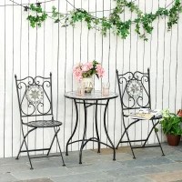 Outsunny 3 Pcs Mosaic Tile Garden Bistro Set Outdoor Seating w/ Table 2 Folding Chairs Set Metal Frame Elegant Scrolling Indoor Patio Balcony(m-2)