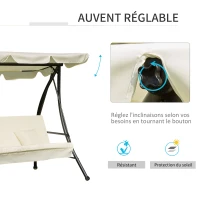 Outsunny Balancelle de Jardin Convertible 3 Places Grand Confort Inclinaison Toit réglable Matelas et Coussins fournis 2L x 1,25l x 1,7H m métal Polyester Noir et crème(m-5)